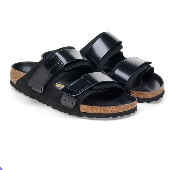 Birkenstock Uji Nubuck shine Leather straps adjustable slide sandals in black - Picture 2 of 16
